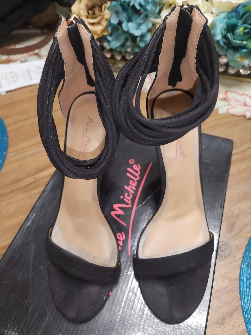Anne Michelle Black Suede Ankle-Wrap Heeled Sandals